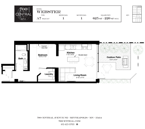 Floor plan for 1 bed, 1 bath, 625 sqft